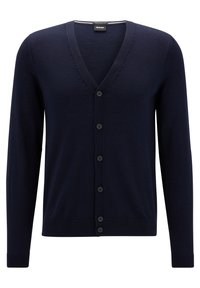 Tmavě modrý kardigan z jemné pleteniny, s výstřihem do V, dlouhými rukávy a šesti knoflíky po celé přední straně.