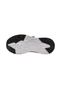 Sole di scarpa sportiva in bianco e nero con superficie testurizzata e a motivi, dotata di impugnature triangolari per una migliore aderenza e stabilità.