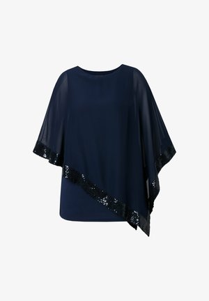 Marineblå chiffonbluse med asymmetrisk kant og ærmer, pyntet med en diagonal sort pailletkant.