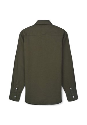 Chemise vert foncé à manches longues avec un dos droit, des poignets boutonnés et un col classique, fabriquée dans un tissu texturé.