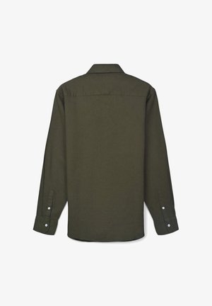 Chemise vert foncé à manches longues avec un dos droit, des poignets boutonnés et un col classique, fabriquée dans un tissu texturé.