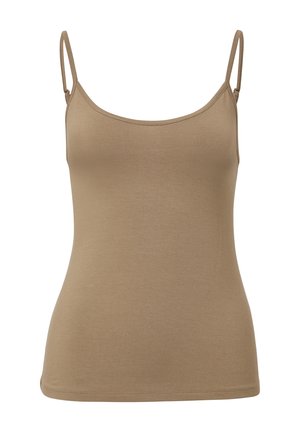 Light brown tank top with thin adjustable straps, a rounded neckline, and a smooth, stretchy fabric. No visible patterns or hardware details.