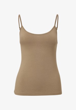 Light brown tank top with thin adjustable straps, a rounded neckline, and a smooth, stretchy fabric. No visible patterns or hardware details.