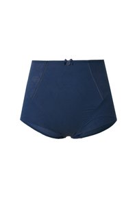 Granatowe damskie figi z wysokim stanem, ozdobione małą kokardką z przodu i subtelnymi przeszyciami, na białym tle.