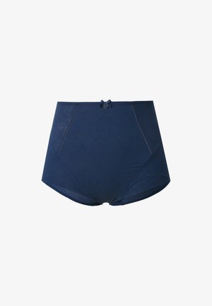 Slip da donna blu navy a vita alta con un piccolo fiocco frontale e sottili dettagli di cucitura su sfondo bianco.