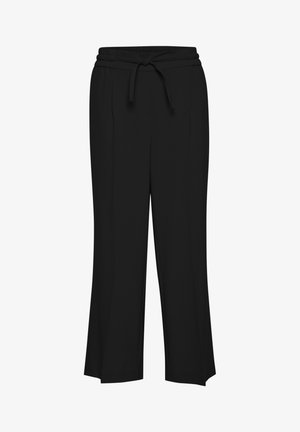 Black wide-leg pants made of smooth fabric. Features an elastic waistband with a tied belt, and two side pockets. Straight cut design.