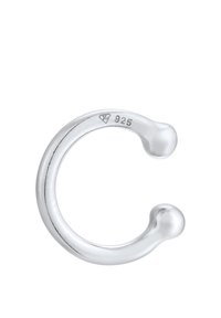 L'orecchino a manica in argento presenta un design curvo con due estremità arrotondate. Contrassegnato "925" a indicare argento sterling. Texture liscia e lucida.
