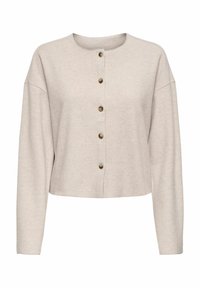 Jasnobeżowy krótki kardigan wykonany z miękkiego materiału, z okrągłym dekoltem i pięcioma złotymi guzikami z przodu, z długimi rękawami.