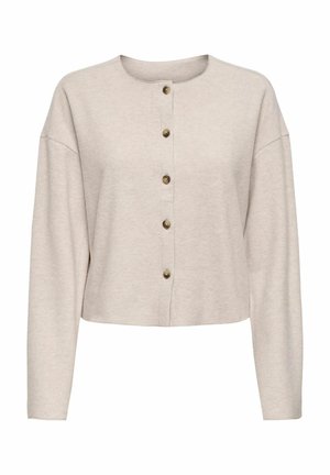 Hellbeige, verkürzter Cardigan aus weichem Stoff, mit rundem Halsausschnitt und fünf goldfarbenen Knöpfen auf der Vorderseite sowie langen Ärmeln.