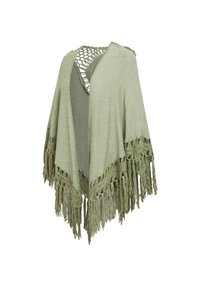 Sciarpa lavorata a maglia verde chiaro con apertura frontale, dettagli all'uncinetto e lunghe frange lungo l'orlo e le maniche.