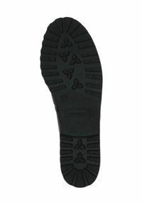 Black rubber shoe sole with a textured pattern featuring grooves and multi-directional lugs for grip. Includes branding label "CAPRICE" embossed.
