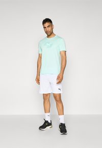 Lys mintgrøn kortærmet t-shirt med et stribet logo, parret med hvide shorts og sorte sneakers med grønne detaljer.