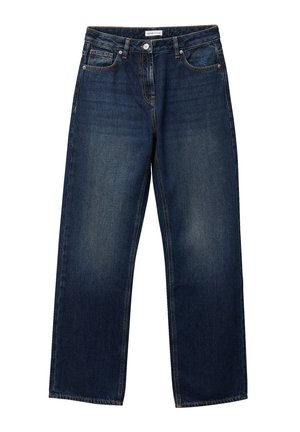 Donkerblauwe wijde spijkerbroek van denim, voorzien van een klassiek ontwerp met vijf zakken en een voorste knoop- en ritssluiting.