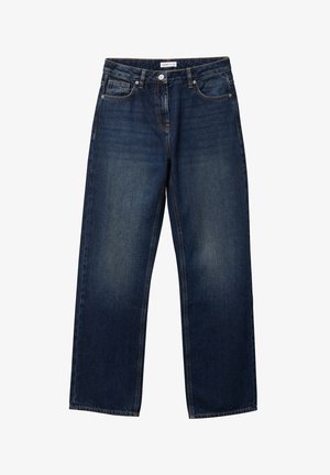 Jean denim bleu foncé à jambes larges, doté d'un design classique à cinq poches et d'une fermeture avant avec bouton et fermeture éclair.