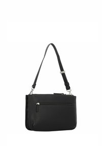 Borsa a spalla in pelle nera con una sola tracolla, scomparto principale con zip e tasca frontale con chiusura zip. Texture liscia.