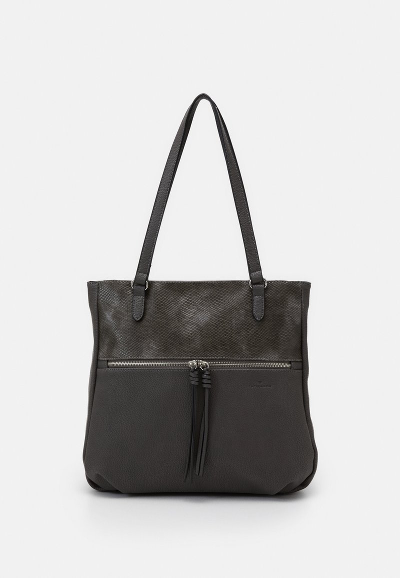 Sac cabas gris foncé avec une section supérieure texturée, des anses longues et une poche avant zippée avec deux pampilles en guise de tirettes.