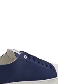 Navy blue canvas sneaker with white rubber sole, featuring round metal eyelets and flat laces. Smooth texture with minimal branding.