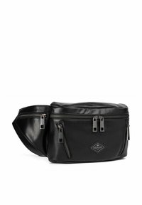 Borsa in pelle nera a vita con diverse tasche con cerniera, texture liscia e logo a diamante. Cinghia regolabile per un'elegante vestibilità.