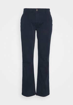 Marineblauwe rechte broek met knoopsluiting, riemlussen en voorzakken, weergegeven op een witte achtergrond.