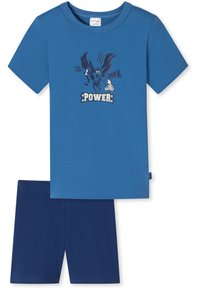 Blaues Baumwoll-T-Shirt mit einem Cartoon-Charakter-Graphic und dem Wort „POWER“ in Blau und Creme, kombiniert mit einfarbigen navy Shorts.
