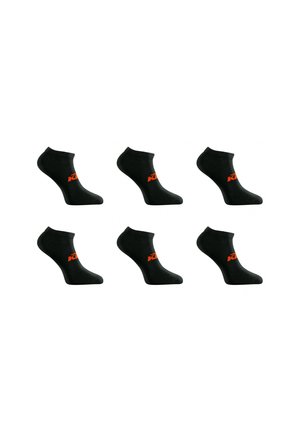 Six paires de chaussettes noires courtes avec un petit logo orange sur le côté, disposées en deux rangées sur fond blanc.