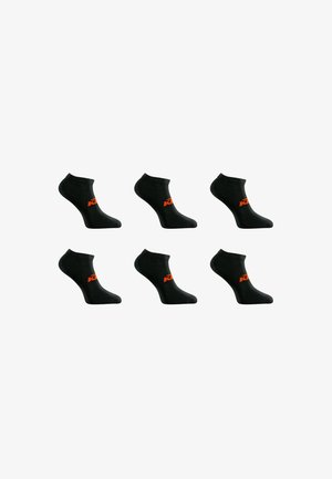 Six paires de chaussettes noires courtes avec un petit logo orange sur le côté, disposées en deux rangées sur fond blanc.