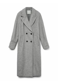 Cappotto lungo in misto lana grigio con chiusura doppiopetto, ampi rever, due tasche frontali e una vestibilità leggermente oversize.