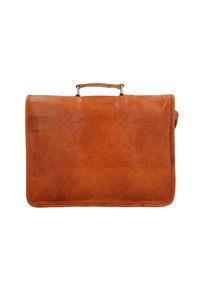 Brun lædermappe med en glat overflade, flad form, topgreb og minimal syning. Alsidigt design velegnet til professionelt brug.