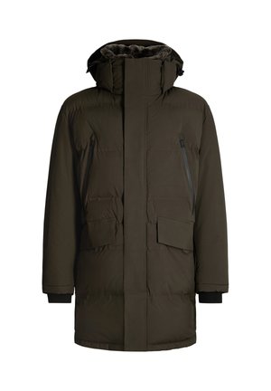 Piumino verde scuro con colletto alto, fodera in pelliccia sintetica, zip frontale, tasche laterali con zip e polsini elasticizzati. Tessuto impermeabile.