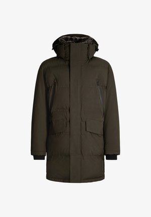 Ciemnozielona kurtka puchowa z wysokim kołnierzem, podszyciem z sztucznego futra, przednim zamkiem błyskawicznym, bocznymi kieszeniami na zamek oraz elastycznymi mankietami. Wodoodporna tkanina.