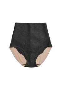 High-waisted black shapewear briefs with subtle floral lace pattern and beige inner lining, designed for tummy control and smooth silhouette.