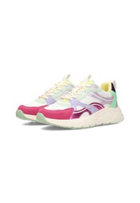 Multicolored sneakers featuring mesh, suede, and shiny materials. Colors include pink, mint green, lavender, and cream. Thick, textured sole.