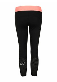 Leggings sportivi neri con vita in rosa corallo e pannelli perforati sulla parte inferiore della gamba, caratterizzati da un piccolo logo infinito bianco.