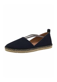 Marinblå espadrillo med överdel i mocka, korsade elastiska remmar och vävd jutesula. Har rundad tå och bakre hälflik.