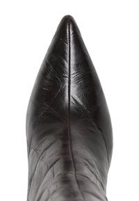 Brown leather pointed-toe boot with a textured surface and subtle sheen. Features a single seam running centrally along the toe.