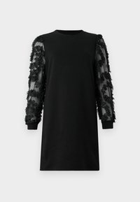 Black dress with long, sheer mesh sleeves adorned with black fabric ruffles. Crew neck and ribbed cuffs complete the design.