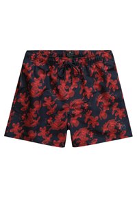 Pantaloni da bagno in tessuto blu navy con un vivace motivo floreale rosso. Presentano una cintura elastica con cordino e tasche laterali.