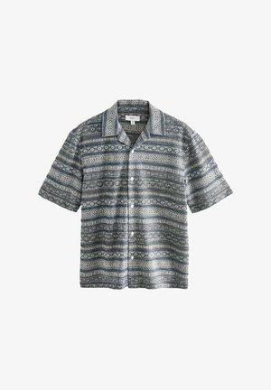 Short-sleeved button-up shirt in blue and white with intricate geometric patterns, a spread collar, and a relaxed fit.