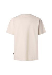 Plain beige short-sleeve crew neck T-shirt shown from the back with a small tag on the left side seam.