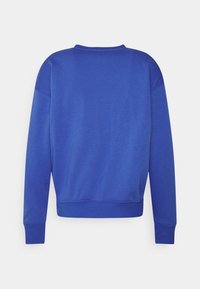 Blå sweatshirt med rund halsringning, långa ärmar, ribbade muddar och en slät yta. Baksidan är enfärgad utan mönster eller detaljer.