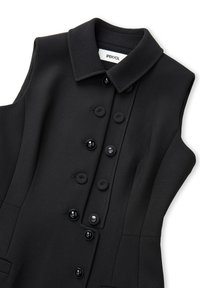 Schwarzes ärmelloses Kleid mit spitzem Kragen, vorderer Knopfleiste mit großen schwarzen Knöpfen und strukturierter Taille mit Taschen.
