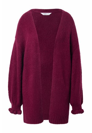 Bordeaux gebreide cardigan met een losse pasvorm, open voorkant, lange mouwen en geribbelde manchetten. Zachte textuur met een grove steekpatroon.