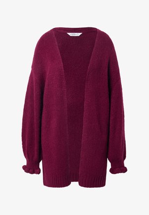 Burgundy knit cardigan with a loose fit, open front, long sleeves, and ribbed cuffs. Soft texture with a chunky stitch pattern.
