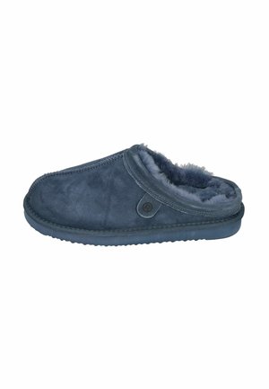 Dark blue suede slipper with a soft fur lining, closed-back design, padded collar, and textured rubber sole. Features a small logo detail.