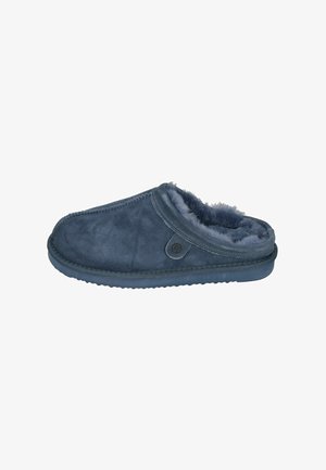 Dark blue suede slipper with a soft fur lining, closed-back design, padded collar, and textured rubber sole. Features a small logo detail.