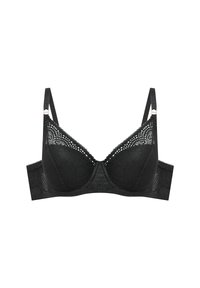 Czarny koronkowy biustonosz z podkładkami, regulowanymi ramiączkami i bezszwowym designem. Posiada misternie wykonane detale koronkowe oraz szeroką taśmę dla wsparcia.