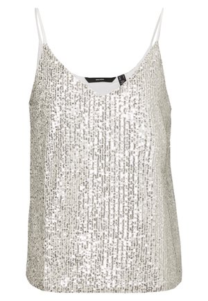 Wit cami-topje bedekt met zilveren pailletten met dunne bandjes en een V-hals.
