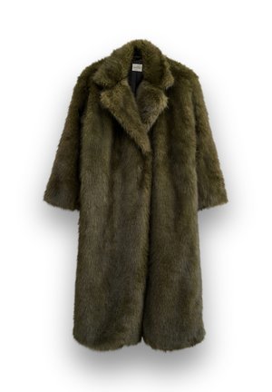 Long olive green faux fur coat with wide collar and three-quarter length sleeves, displayed on a white background.