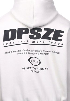 White hoodie with a large black print on the back featuring “DPSZE” and motivational phrases, soft texture, and a drawstring hood.