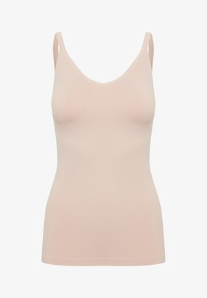 Light pink tank top with thin straps, featuring a smooth, stretchy fabric and a v-neck design. No visible patterns or hardware details.